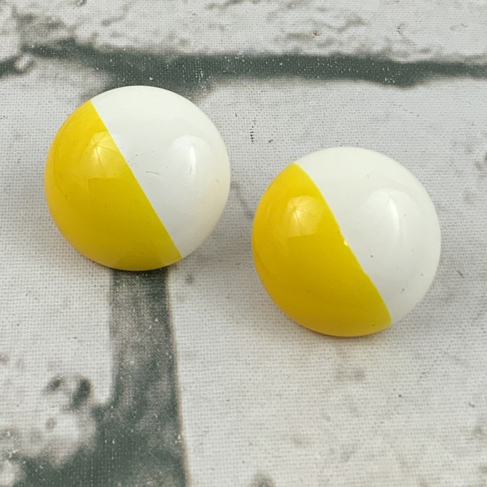 Vintage Retro 80's Stud‎ Earrings Yellow White Round Art Deco Half Circle